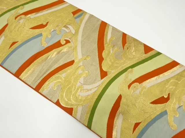 JAPANESE KIMONO / ANTIQUE FUKURO OBI / SILK / WOVEN RAGING WAVES